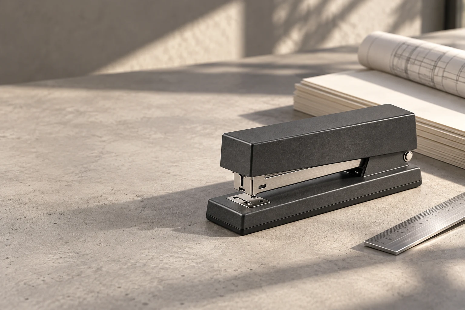 Equylibre Block stapler on a considered concrete desk with paper and a metal ruler